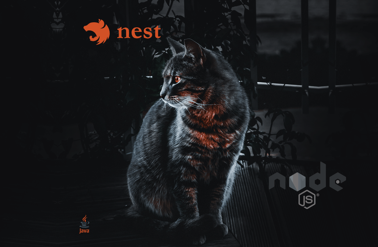 Nest.js Cat with Nest, Java and Node.js logos